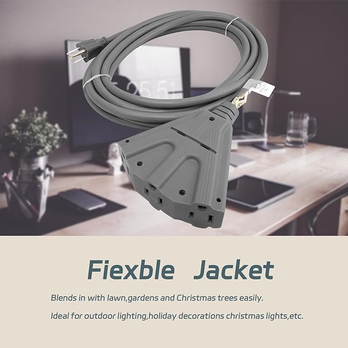 EP 2 Pack 6 Ft Outdoor Extension Cord with 3 Electrical Power Outlets - 16/3 SJTW Grey Cable with 3 Prong Grounded Plug for Safety Great for Christmas Lights, Garden and Major Appliances