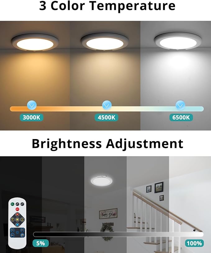 wowatt Battery Operated Ceiling Light Rechargeable Ceiling Lights with Remote Wireless Shower Lighting 3000K 4500K 6500K 7.48in Dimmable Timing Overhead Light for Closet Shower Living Room(4 Pack)