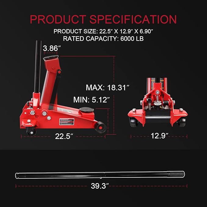 Big RED T830025-1 Floor Jack Heavy Duty Hydraulic Steel Service Jack with Single Piston Quick Lift Pump and Detachable Handle, 6,000 LBS Capacity, Black