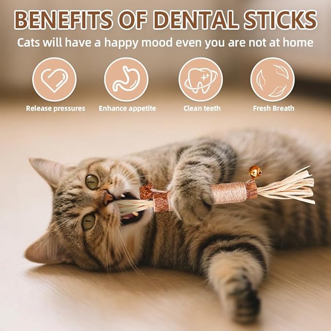 Natural Dried Matatabi Cat Chew Stick with Gall Fruit, Raffia Grass & Cat Bell Ball Toys, Handmade Silvervine Sticks Interactive Catnip Toys for Teething & Entertainment (Size L Color D)
