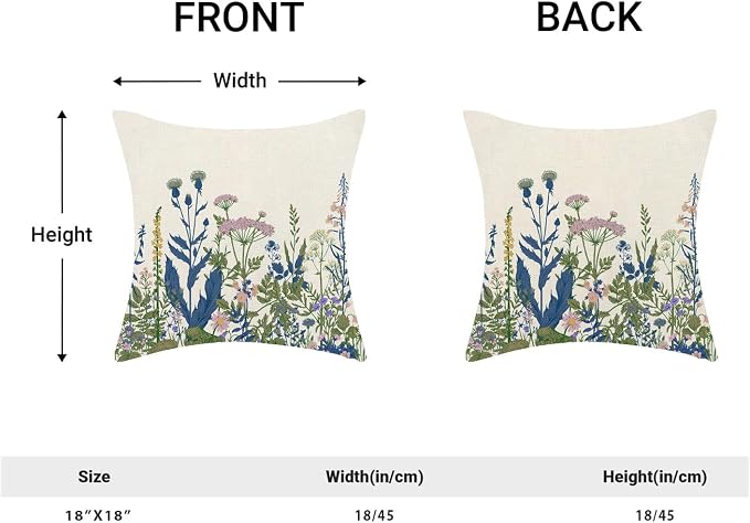 AEIOAE Navy Blue Teal Pillow Covers 18x18 Inch Set of 2, Spring Wildflower Plant Throw Pillows Case,Seasonal Floral Outdoor Decorative Flowers Farmhouse Decor Cushion Covers for Home Sofa Bed Couch