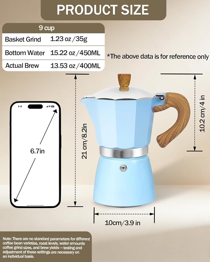 Coffee Maker Stovetop Espresso Maker 9 Cup Aluminum Moka Pot Percolator 15oz 450ml Easy Brewing for Electric Ceramic Stoves Home Camping Italian Cuban Café Classic Blue