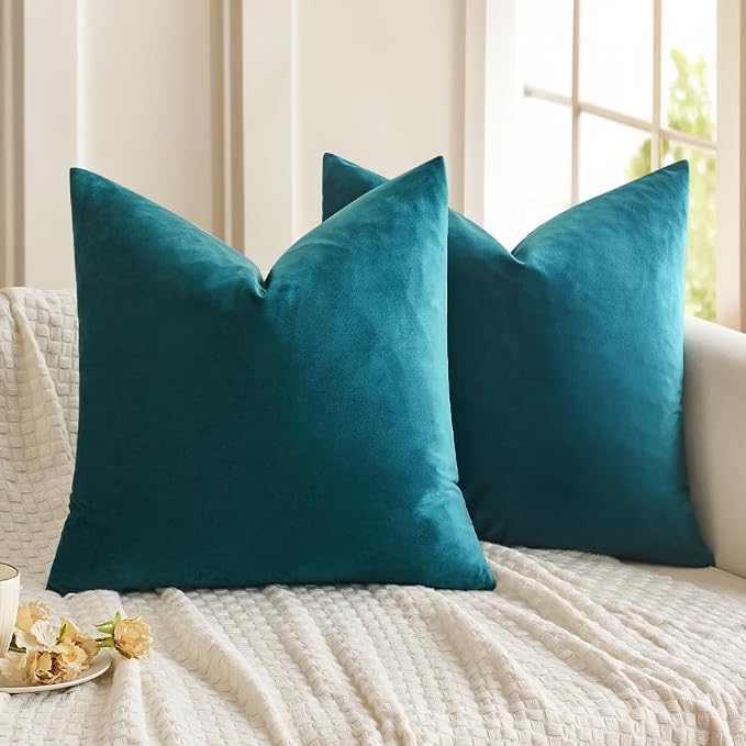 MIULEE 28x28 Inch Pack of 2 Euro Velvet Throw Pillow Covers Teal | Soft Solid Decorative Euro Sham, Modern Luxury Home Decor, for King Bed Sofa Couch Bedroom Livingroom