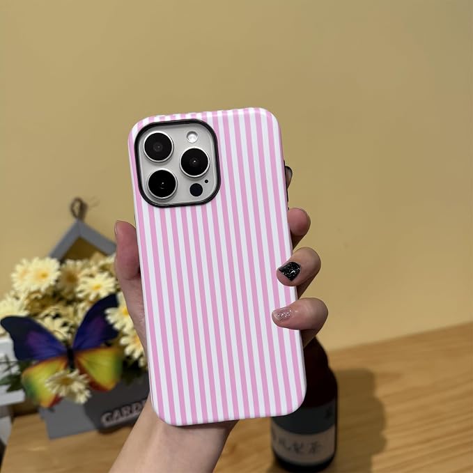 for iPhone 16 Pro Case Striped Cute Aesthetics Phone Case Trendy Protective Shockproof Cover for iPhone 16 Pro Pink White
