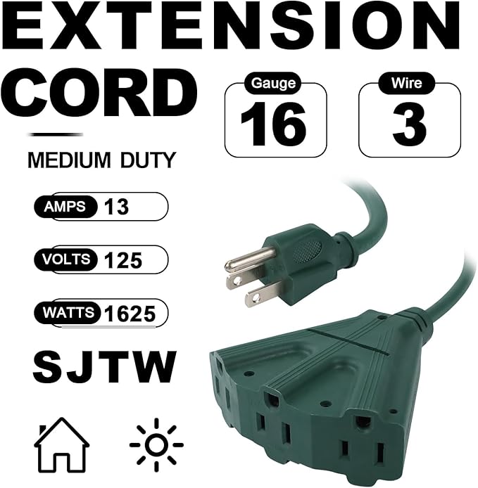EP 25 Ft Outdoor Extension Cord with 3 Electrical Power Outlets - 16/3 SJTW Green Cable with 3 Prong Grounded Plug for Safety Great for Christmas Lights, Garden and Major Appliances
