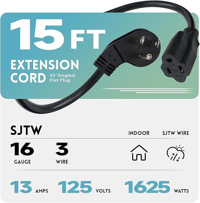EP 15 Ft Flat Plug Extension Cord, 16 AWG 3 Prong Grounded Black Low Profile Extension Cable for Indoor
