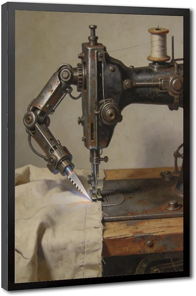 Framed Steampunk Mechanical Sewing Machine Wall Art - Retro Industrial Workshop Poster for Home Office Studio Decor 24x36in
