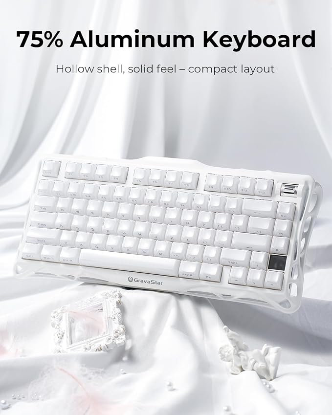 GravaStar Mercury K1 75% Wireless Mechanical Gaming Keyboard RGB Backlit | Gasket Mount, Hot Swappable Linear Switches, Creamy Sound Keyboard, 2.4GHz/USB-C/Bluetooth 5.0, for Win/Mac【Opaline White】