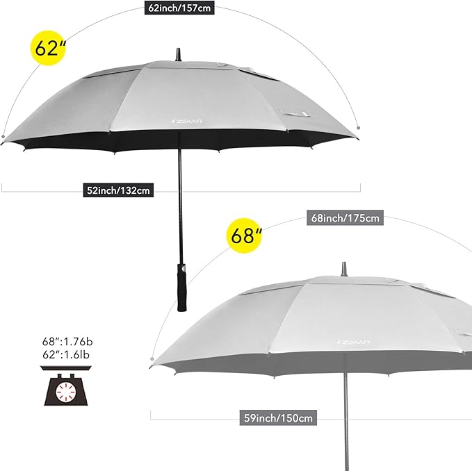 ZEKAR 62" & 68" Windproof Large Vented Canopy Golf Umbrella, UPF 50+ Patio Umbrella | Sun UV Protection | Keep You Cool (Silver, 68")