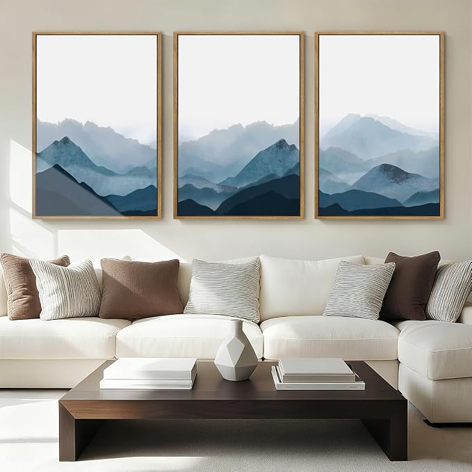 BINCUE Large Blue Mountain Wall Art Fog Blue Ridge Mountains Artwork for Living Room Bedroom Office 24x36 Inch Set of 3