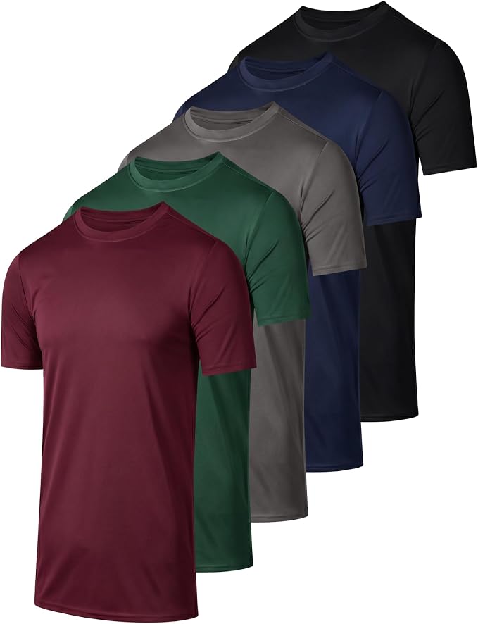5 Pack Men's Dry Fit Short Sleeve T-Shirt Gym Workout Athletic Running Tee | Cooling, Moisture-Wicking, Crew Neck, Quick-Dry, Breathable, Active, Exercise, Fitness, Basketball, Cycling, Hiking, Tennis