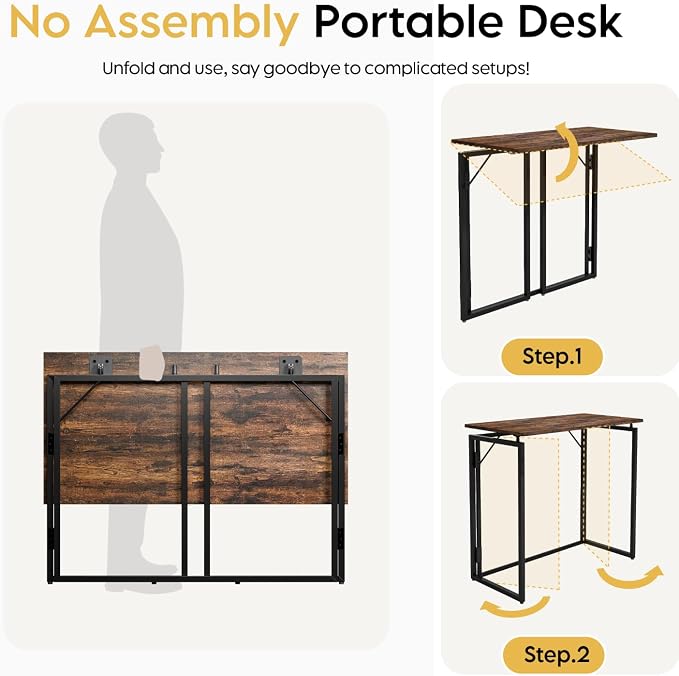 alawooder 31.5" Folding Desk: No Assembly, Wood Top for Small Spaces | Home office desk, holds 150 lbs, folds flat to 2.3 in, splash-proof wood top, sturdy metal frame