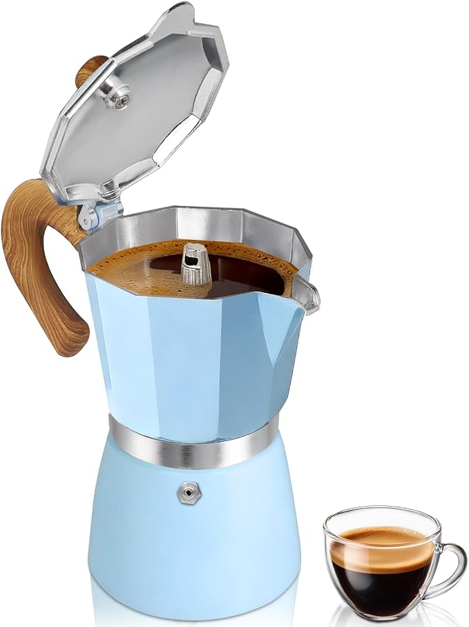 Coffee Maker Stovetop Espresso Maker 6 Cup Aluminum Moka Pot Percolator 10oz 300ml Easy Brewing for Electric Ceramic Stoves Home Camping Italian Cuban Café Classic Blue