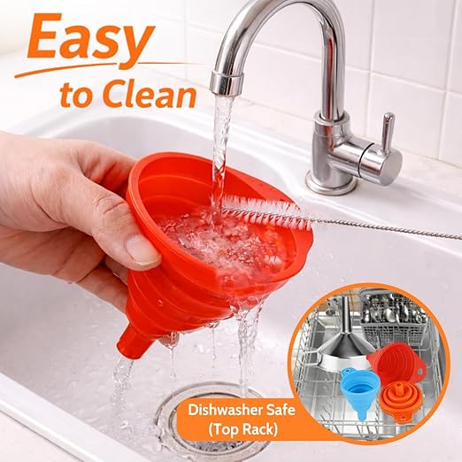 No-Spill Funnel Set with Strainer for Hot Oil,3 Collapsible Silicone Funnels & 1 Stainless Steel Funnel,Food Grade,with Brush,Hook & Storage Bag for Filling Bottles,Liquids,Dry Ingredients
