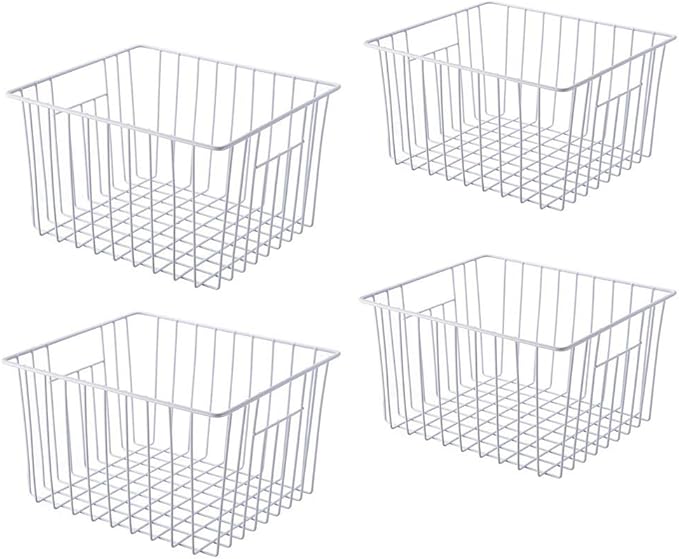 Deep Refrigerator Organizer Baskets, Metal Wire Baskets for Upright Freezer, Household Bin Basket with Handles for Kitchen, Cabinets, Pantry, Closets (11.8" L x 10" W x 7" H)