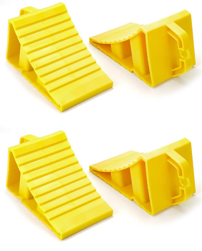 QWORK RV Wheel Chocks, 4 Pack Heavy Duty Car RV Tire Chocks Camper Chocks with Handle and Rope, Car Truck Stopper for Travel Trailers, Camper, Cars, Truck, Yellow