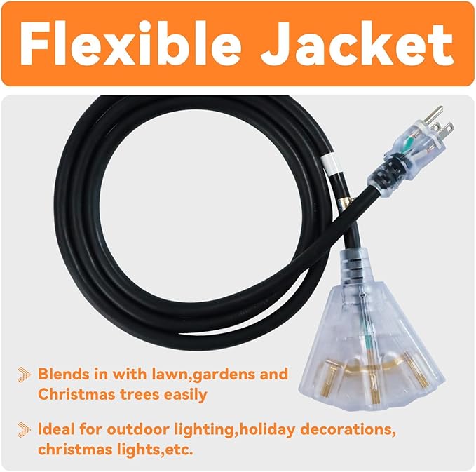 EP 20 Ft 12 Gauge Heavy Duty Extension Cord, 15A 125V 1875W, 3 Outlet Indoor/Outdoor Power Cord with Lighted End, 12/3 SJTW Weatherproof Black