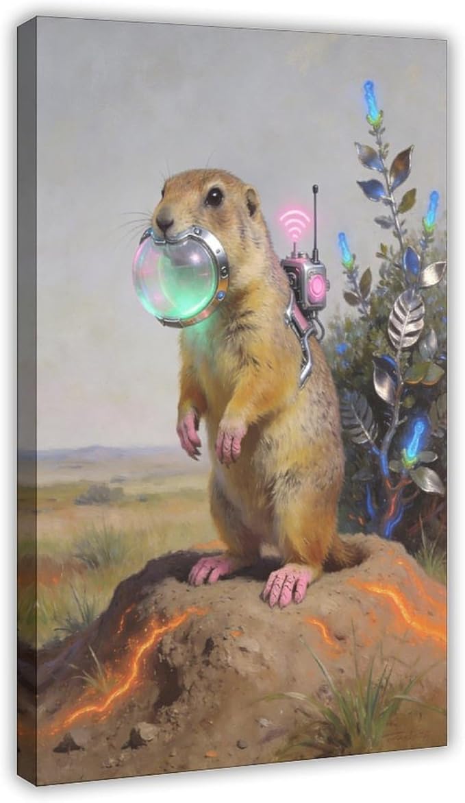 Framed Steampunk Mechanical Prairie Dog Wall Art - Retro-Futuristic Wilderness Poster for Living Room Game Room Decor 20x30inch(50x75cm)