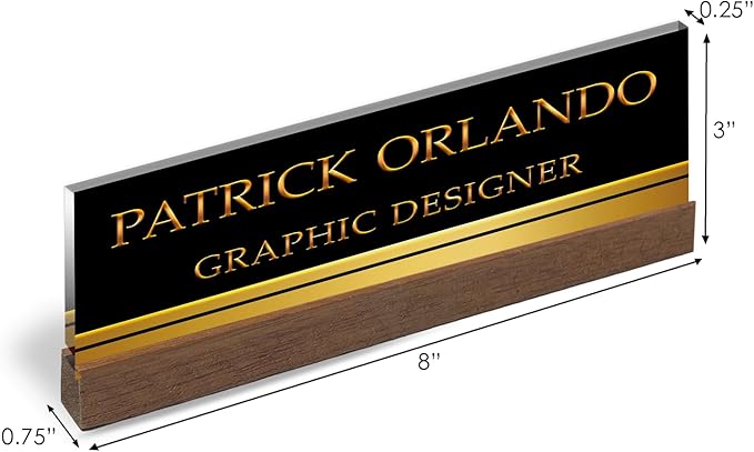 Artblox Personalized Office Desk Name Plate With Business Card Holder | Clear Acrylic Glass with Teak Wood Stand | Black Gold Stripe Design Customized with Your Name and Credentials Office Desk Décor