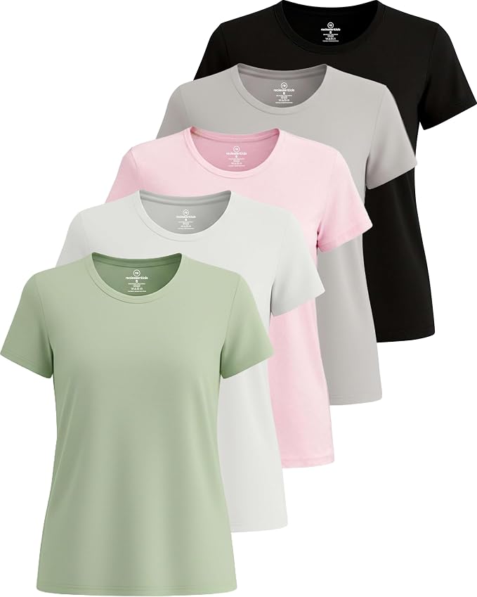 5 Pack Women's Dry Fit Short Sleeve Athletic Gym Workout Running Tops | Available in Plus Size, Exercise, Sports, Fitness, Quick Dry, Cooling, Moisture Wicking, Loose Basic Tees, Yoga, Pilates