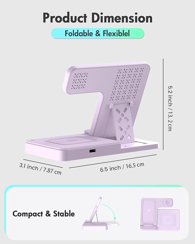 Wireless Charger Stand Charging Station: 3 in 1 Charger Multiple Devices for Apple iPhone 17 16e 16 15 14 Pro Max 13 12 11 for Watch 11 10 9 8 7 6 5 4 3 2 SE and Ultra & Airpods Series, Light Violet