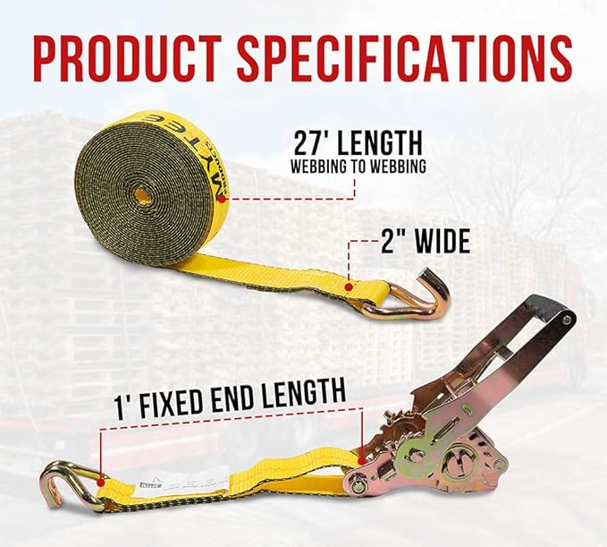 Mytee Products 10 Pack 2" x27' Self-Tensioning Ratchet Strap with J Hooks - 10,000 lbs BS - Heavy Duty Tie Down Large Bar Handle and Cargo Straps with Wire Hooks for Flatbed, Trucks, Pickup - Yellow