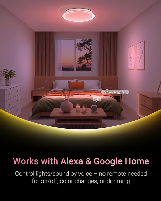 1-Pack, 16 inch Smart LED Music Ceiling Light with Bluetooth Speaker, Compatible with Alexa & Google Home, Color Changing RGB Dimmable Light for Living Room, Bedroom, Kitchen