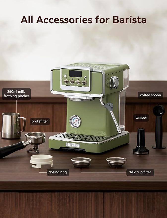 Neretva Professional Retro Espresso Machine with 58mm Portafilter, Green | Visible Pressure Gauge, Powerful Steam Wand, 15 Bar Stainless Steel Espresso Maker for home baristas to make latte cappuccino
