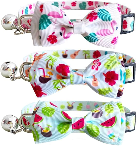 3 Pack Hawaiian Breakaway Cat Collar with Removable Cute Bow Tie and Bell Adjustable Safety Buckle Fruit Flamingos Hawaiian Styles
