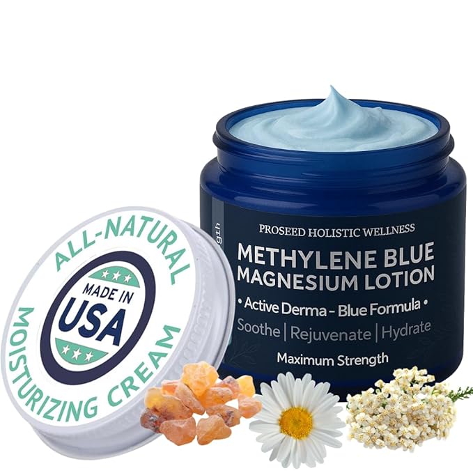 ProSeed Methylene Blue Magnesium Lotion with Yarrow, Turmeric, Frankincense, Vitamin E, Chamomile – Deep Moisturizing Cream for Face & Body – Bedtime & Post-Workout Massage for Kids, Men, Women - 2oz