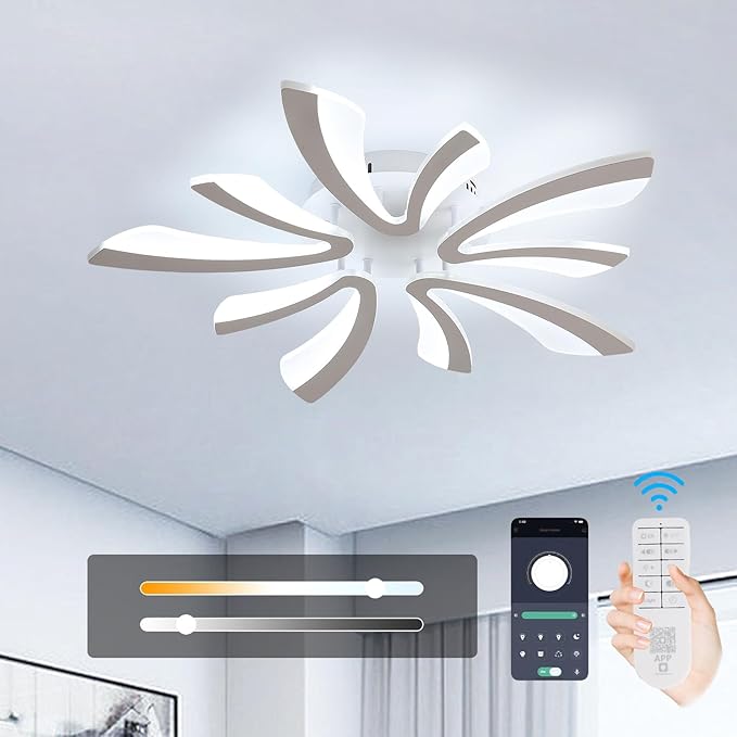 Goeco Modern Ceiling Light, 27.5'' Dimmable LED White Acrylic V-Shaped Flush Mount Ceiling Lights, 3000K/4000K/6500K with Remote Control Ceiling Light Fixture for Living Room, Dining Room, Bedroom