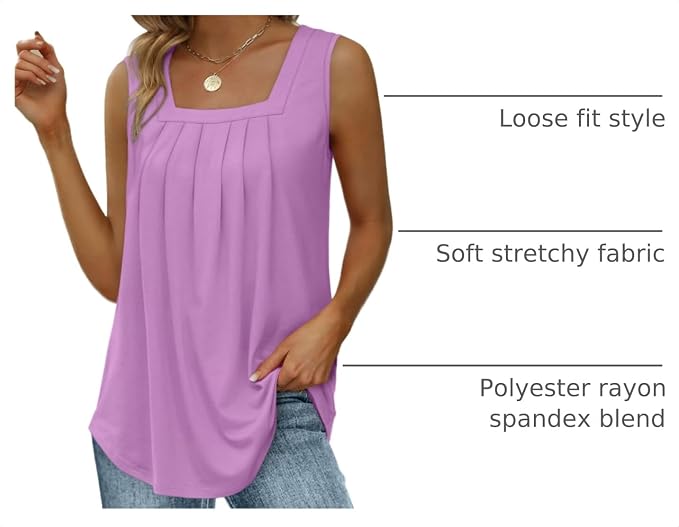 Saloogoe Summer Tank Tops for Women Loose Fit Pleated Square Neck Sleeveless Tops Curved Hem Flowy