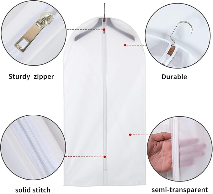 12 Pack Shirt Garment Bags (24x36") - Dustproof Short Suit Covers - Durable PEVA Closet Bags with Sturdy Zipper for Blouses, Jackets, Sweaters & T-Shirts (Translucent)