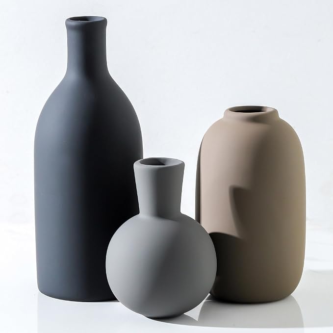Ceramic Vase Set of 3, Rustic Farmhouse Vases Home Decor Pottery Pampas Vase Decoration Modern Neutral Flowers Vases for Room Decor, Entryway, Living Room, Table, Kitchen, Bedroom - Multicolor