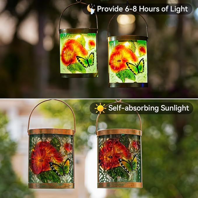 Starsoul 2 Pack Hanging Solar Lantern Outdoor Waterproof Glass Butterfly and Flowers Decorative Solar Lights for Outside Garden Yard Table Patio Decor