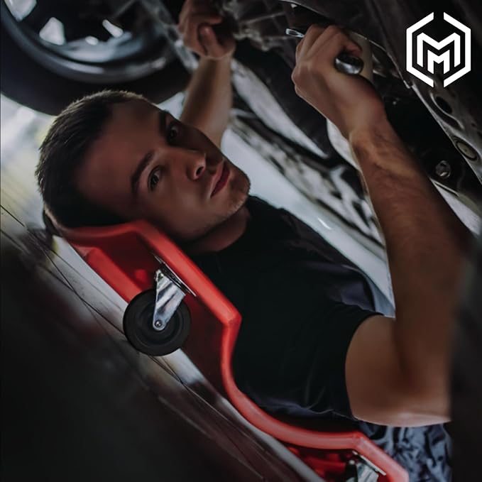 M-AUTO Mechanic Plastic Creeper with Dual Tool Trays, 48" Ergonomic Rolling Garage Shop Creeper with Padded Headrest, 4 Noiseless Casters 350LBS Capacity Red