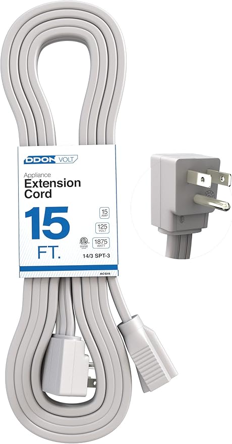 Appliance Extension Cord - 15ft Heavy Duty Gray Extension Wire for Air Conditioner, Refrigerator, & All Major Appliances - 14 Gauge High Voltage 3 Prong Flat-End Appliance Cord, for Indoor use