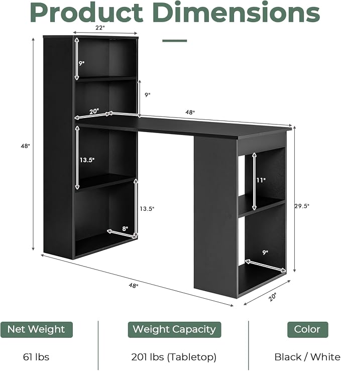 GRAFFY Computer Desk with 6 Storage Shelves - 48" Reversible Writing Desk Workstation with Bookshelf and CPU Stand, Modern Compact Office Desk for Bedroom, Study, Home, Office (Black)