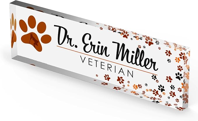 Artblox Personalized Office Desk Name Plate and Business Card Holder | Clear Acrylic Glass with Teak Wood Stand | Vet Animal Design Customized with Your Name and Credentials Office Desk Décor