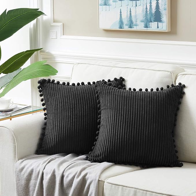 Fancy Homi Pack of 2 Corduroy Soft Decorative Throw Pillow Covers with Pom-poms, Solid Square Cushion Case Pillow Cases Set for Couch Sofa Bedroom Car Living Room (22"x22", Black)