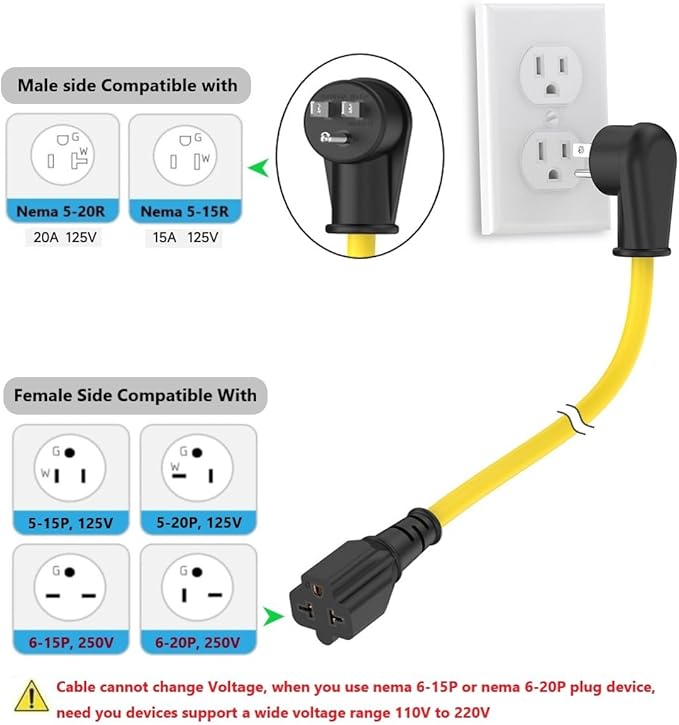 6FT Heavy Duty 15Amp Right-Angle Extention Cable, 12AWG 90-Degree 15 Amp Household Plug to 20 Amp T Blade Adapter cord, Nema 5-15P to 5-20R,5-15P to 6-15R/20R, 125V 15A to 20A AC Power Cable Extension