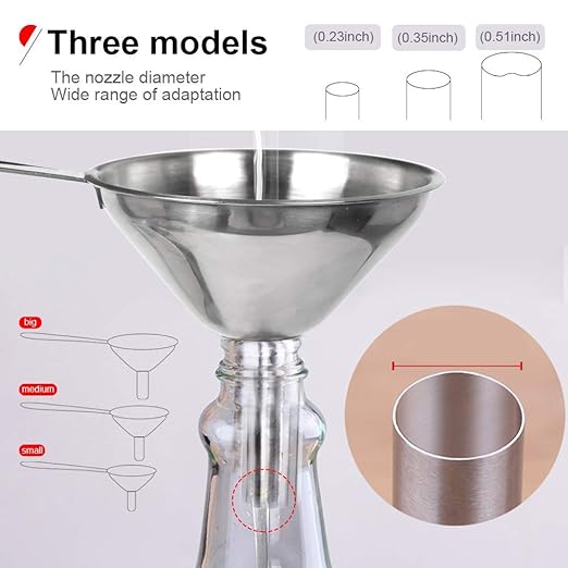 YGDZ Kitchen Funnel for Filling Bottles, 3pcs Metal Stainless Steel Small Mini Funnels for Essential Oils Liquid, Long Handle Funnel Set, 2pcs Cleaning Brushes