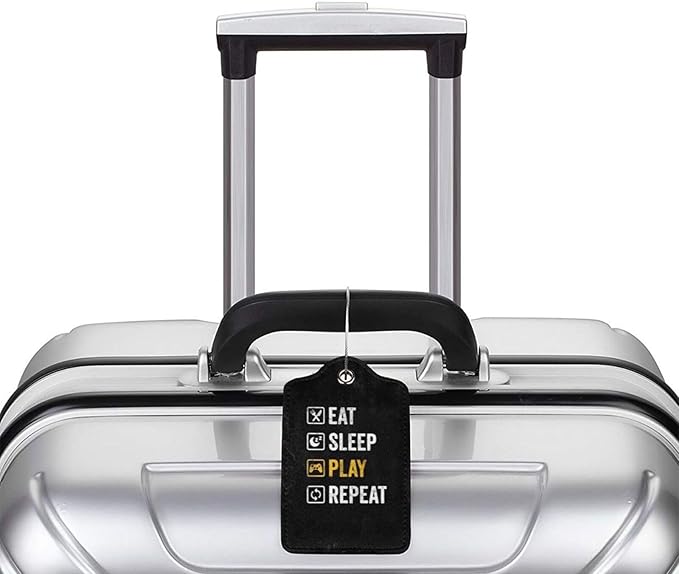 2 Pack Luggage Tags for Suitcase, Privacy Cover ID Label with Stainless Steel and Address Card for Travel Bag Backpack Cruise Ship Essentials Tag Men Boys - Eat Sleep Play Repeat