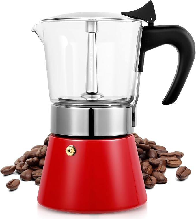 9 Cup 450ml Glass Moka Pot, Stovetop Espresso Maker, Red | Crystal Glass-top & Stainless Steel Coffee Maker, Induction Compatible, for Greca de Cafe, Cuban and Italian Coffee Brewing