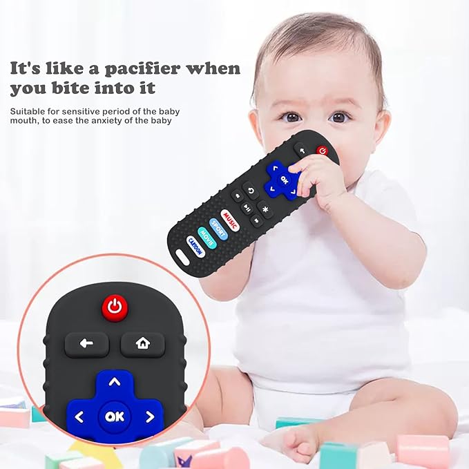 3 Pack Remote Control Shape Silicone Teethers for Babies Chew Toys, Teething Toys for Infant Toddlers,Baby Remote Control Toy, teethers for Babies 6-12 Months (Black&Blue&Pink)