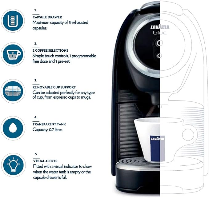 Lavazza BLUE Classy Mini Single Serve Espresso Coffee Machine LB 300, 5.3" x 13" x 10.2" 2 Coffee selections: simple touch controls, 1 programmable free dose and 1 pre-set
