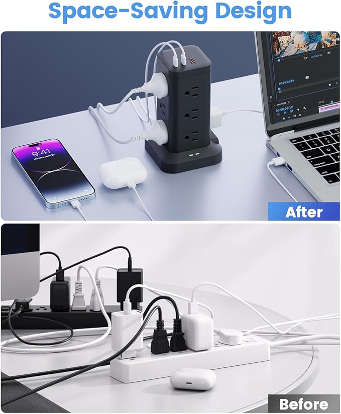 Power Strip Tower with Surge Protector 1800J, Fast Charging Tower PD20W USB-C Ports with 12 AC Outlets, 10ft Extension Cord for Home Office Dorm Room, Black