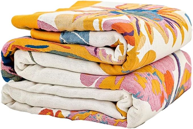 XIBLC Boho Throw Blanket, 100% Cotton Ultra Soft Luxury Throw Rustic Quilt, 90"x98" Floral Bird Butterfly Farmhouse Decor Bed Blankets, All Season Rustic Reversible Bohemian Throw for Bed - Yellow