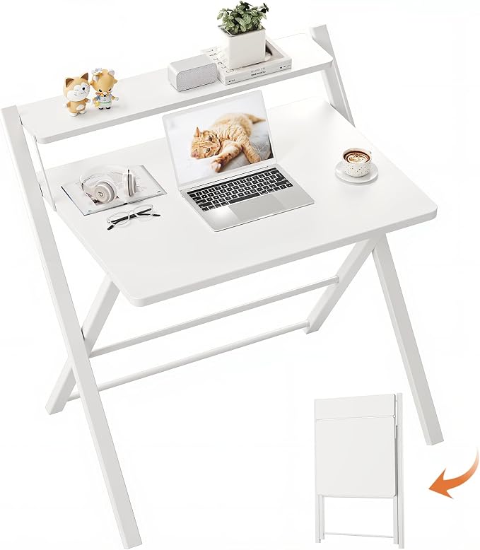 GreenForest Folding Desk No Assembly, Sturdy Computer Desk for Small Spaces | Portable Foldable Table for Laptop, 2-Tier Compact with Shelf, Space Saving for Home Office, Dorm, Apartment, 27"x 22" White