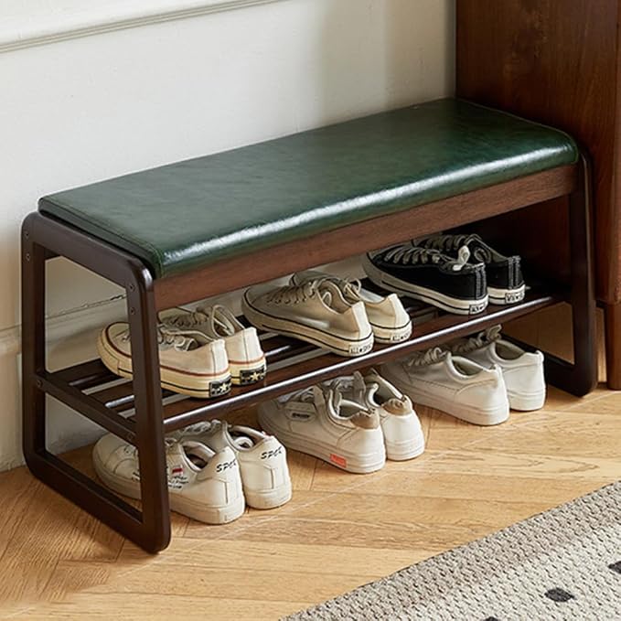 Solid Wood Bench, Entryway Shoe Rack Bench with Cushion, 2 Tier Shoe Cabinet with Bench Organizer for Hallway Living Room